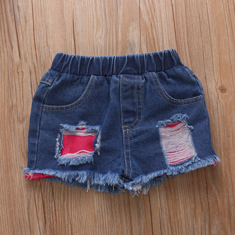 Baby Girl Summer Outfit Cotton White Girl Printed Tank Top Distressed Patched Denim shorts Kid Girl Sleeveless clothing Set