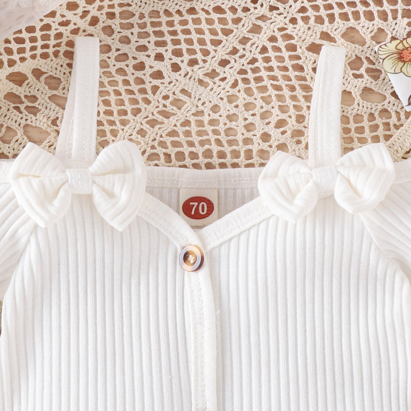 Conyson Hot Sale Spanish Newborn Organic Short-Sleeved Stripe Print Flower Baby Girl Ruffle Bow Jumpsuit 3 Pieces Baby Romper
