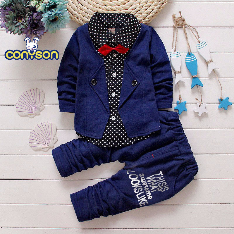 Conyson Wholesale Winter Long Sleeve Knitted Kids Boys Clothes 2Pcs Baby Boys Clothing Sets for Kids Wedding Casual Print Suit