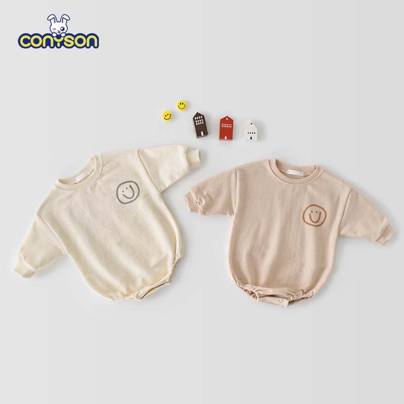 Conyson Wholesale High Quality New Autumn Smile Face Solid Cotton Long Sleeve Infant Baby sweatshirt Romper