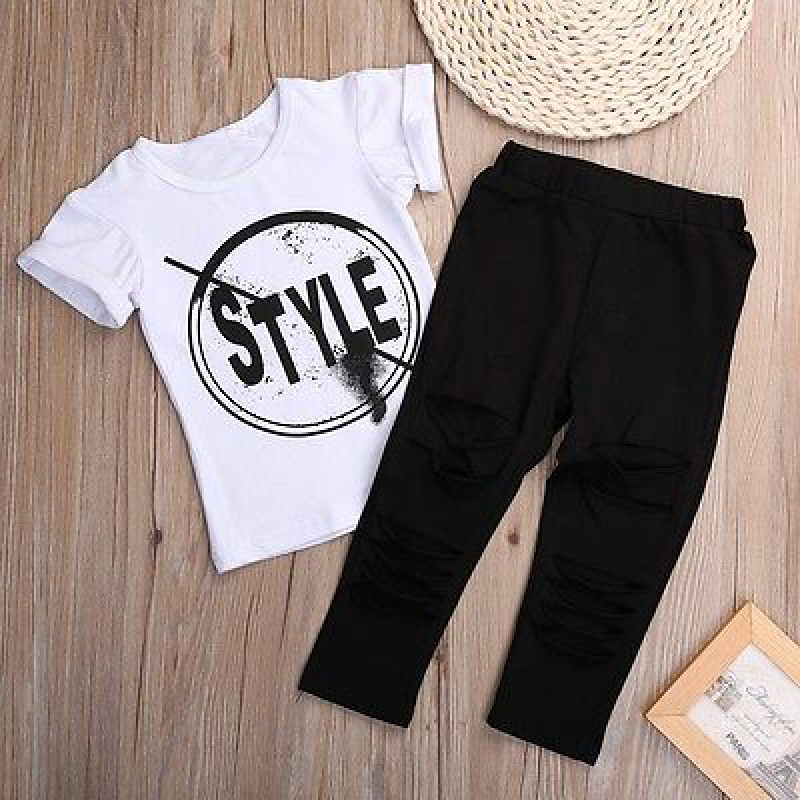 Wholesale Letter Print Breathable Knitted Short Sleeve Kid Clothes 2Pcs Sport Children Clothing Set