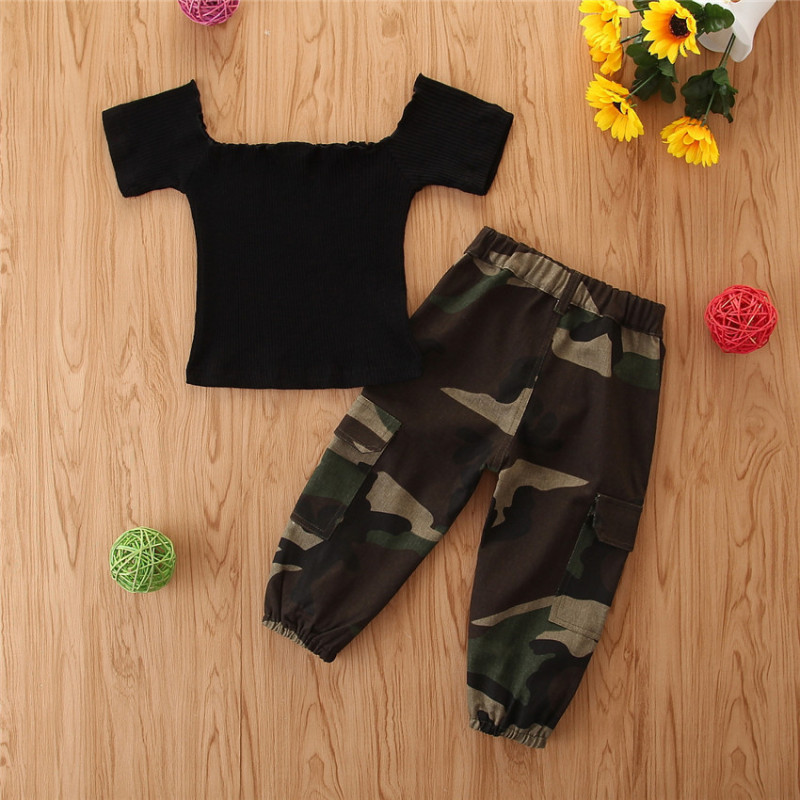 Conyson Kids Toddler Clothes Ribbed Short Sleeve Off Shoulder T Shirts Tops Camouflage Pants 2pcs baby Girls' Clothing Sets