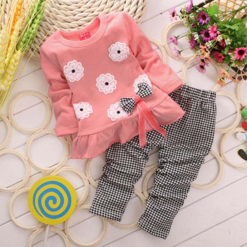 New Style Baby Girl Bow Plate Long Sleeve Set Baby Tops+pants 2pcs Sets Toddler Baby Girl Clothing Sets