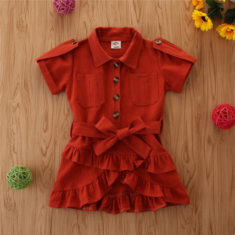 Conyson Fashion Summer Kids Girls Dress Kids Clothes Short Sleeves New Solid Button Pocket Turn Down Collar A-Line Mini Dress