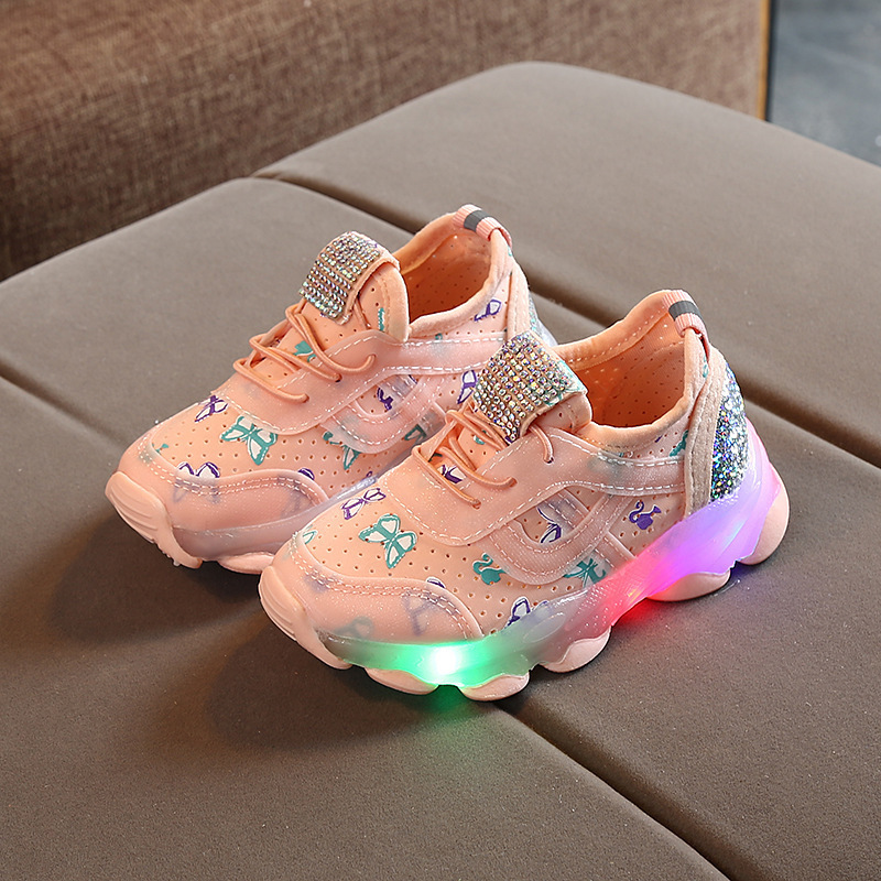 Conyson high quality korean summer fashion boutique toddler child baby shoes kid girl butterfly print led shining designer shoes