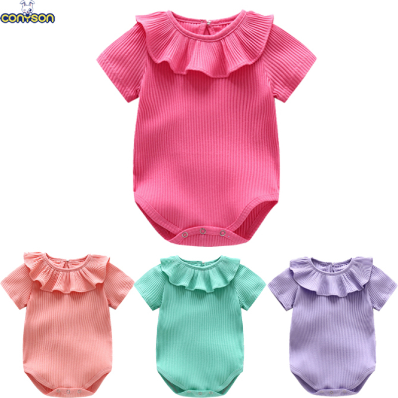 Conyson Factory Supply Square Collar solid color toddler Baby Girls' Ruffle Rompers short sleeve clothing Baby Clothes Newborn