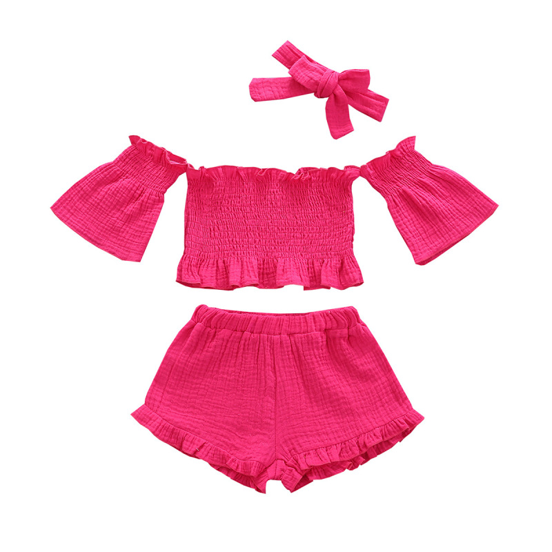 Conyson Wholesale New Summer Solid Sleeveless Off-the-shoulder Pleated Tops and Shorts Casual 3Pcs Kids Baby Girls Clothes Sets