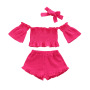 Conyson Wholesale New Summer Solid Sleeveless Off-the-shoulder Pleated Tops and Shorts Casual 3Pcs Kids Baby Girls Clothes Sets