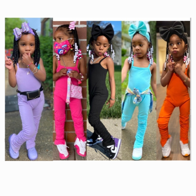 Conyson 2022 summer hot sale Little Girl OEM Fashion Pure Colors Solid Soft Cotton Baby Girls Amour Scrunched stack Jumpsuit