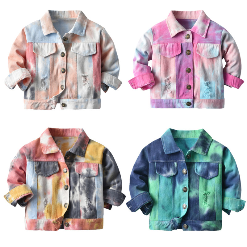 Conyson Hot Sale Multi-color Neutral Tie-dye Kids Clothing New Designer Children's Lapel Long Sleeves Denim Jacket for Baby Boys