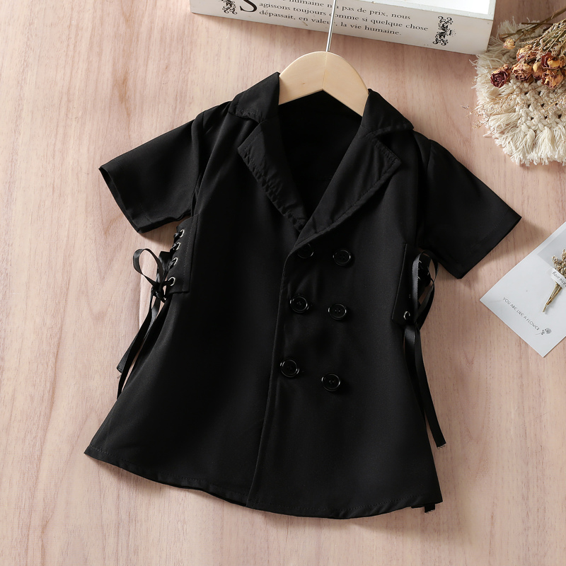 Conyson Summer Black White Jacket Solid Dress Short Sleeve Lapel Buttons Bandage Waist Blazer Baby Girls Clothes Dresses