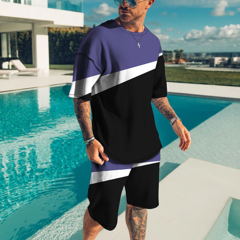 hot sale rts summer Custom logo Made Outdoor men jogger Clothes suit patchwork color clothing two-piece adult t-shirt short Set