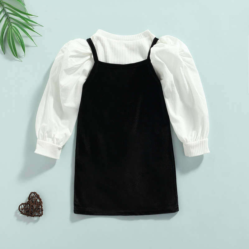 Conyson New Spring New Arrival Girls Fashion 2 Pieces Solid Long Puff Sleeve Knit T Shirts+Velvet Straight Suspender Dress