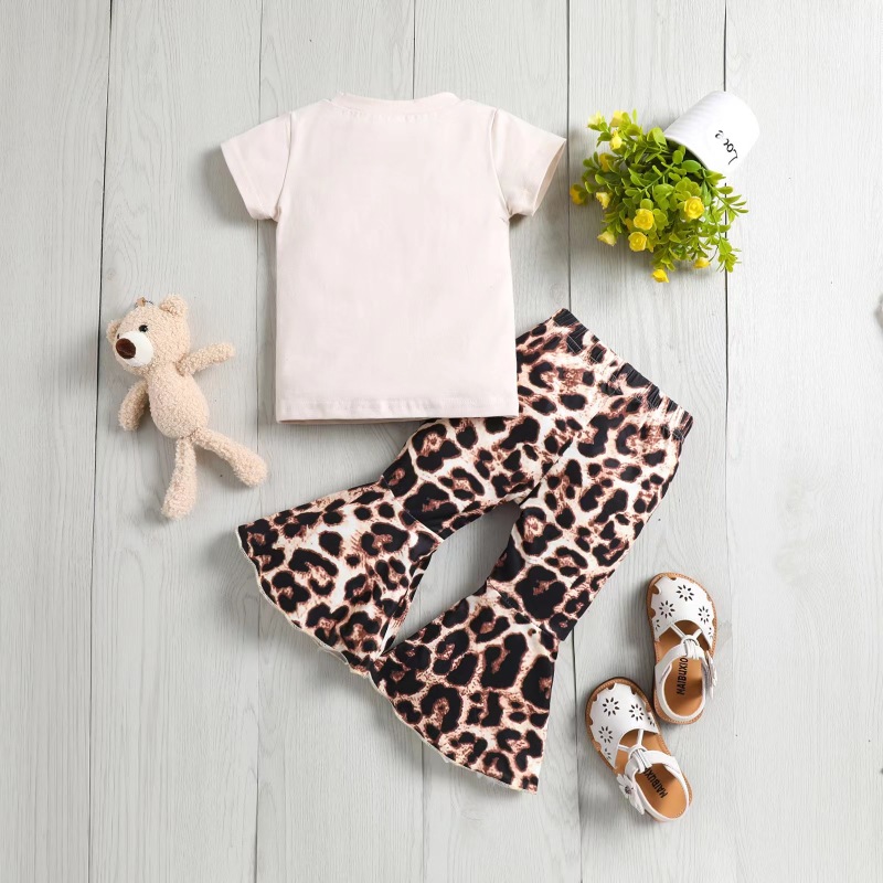 Conyson Baby Girl Clothes Set T-shirt Tops+ Leopard Print Bell-bottomed Pants Flared Pants Outfits Kids Clothes Girls Set