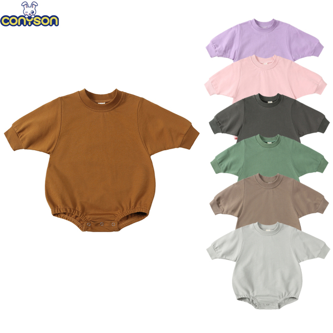 Conyson Wholesale High Quality 2023 New Arrival Sweatshirt Newborn Cotton Long-Sleeved Baby Romper Solid Color Baby Romper