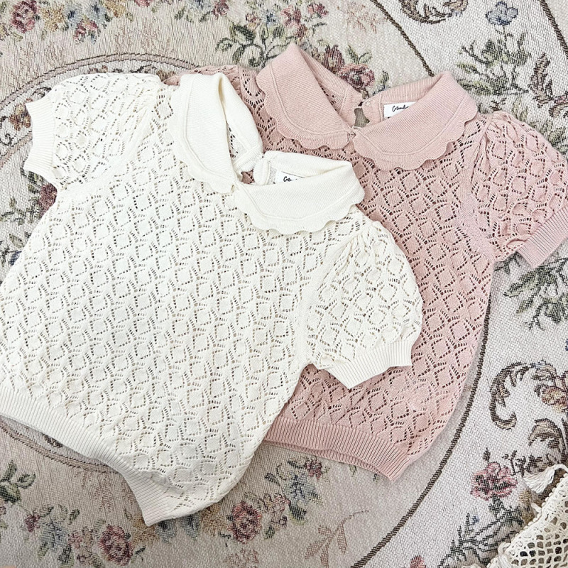 Conyson Custom Wholesale Pullover Lotus Collar Hollow Out Crochet Thin Cute Shorts Sleeve Organic Cotton Toddler Girls Shirts