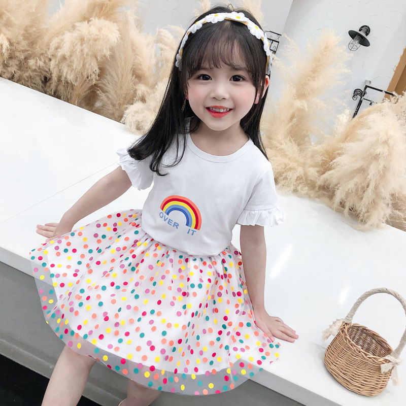 Conyson Summer 2023 New Children's Fashionable Clothes Baby Summer Dress Tulle Skirt Two-Piece Newborn Rainbow Ruffle Girl Set
