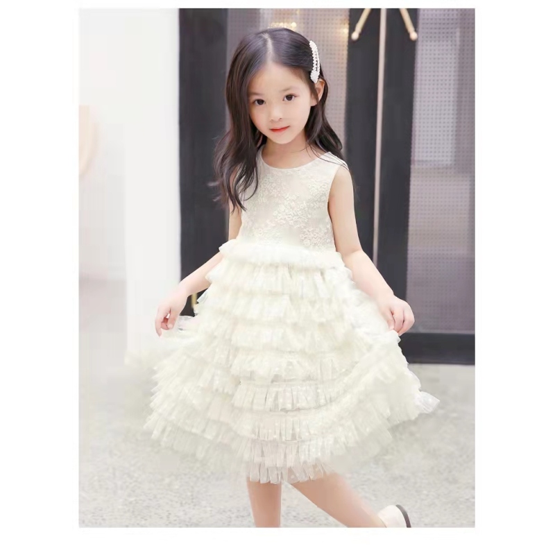 Conyson Wholesale Summer New Design Boutique Mesh Embroidery White Flower Ball Gown Girls Party Dresses