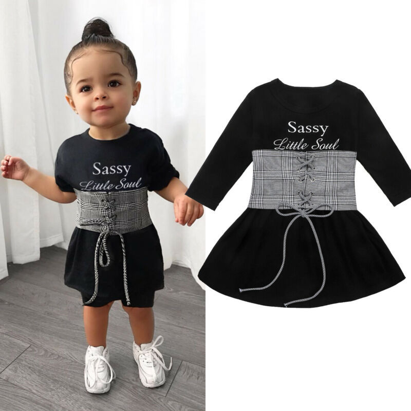 Wholesale Long Sleeve T-Shirt Dress+Plaid Waist Band Children Spring Outfit Baby Girls Boutique Bell Sleeve Black Dress