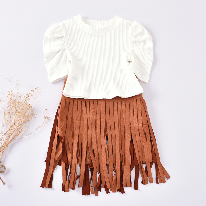 Conyson Hot New Kids Clothes Outfit Baby Girls Puff Tops T-shirt Tassel Skirt Children Fashion Tassels Skirt Summer Clothing Set