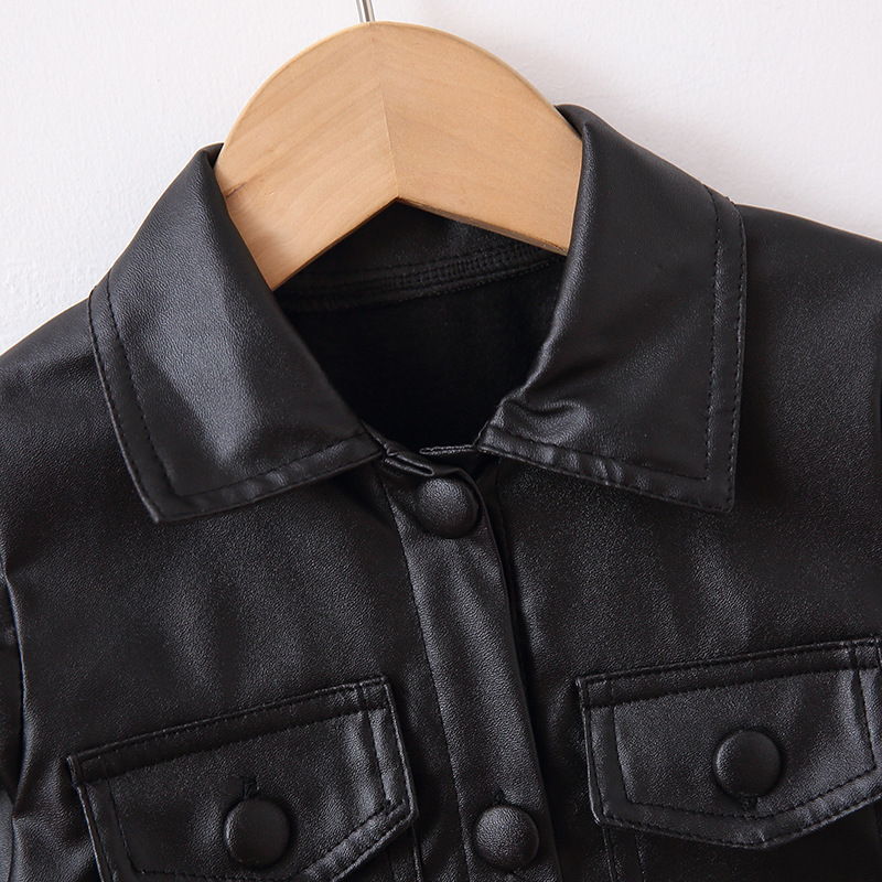 Conyson Wholesale Hot Fashion Summer Kids Clothes Leather PU Casual Solid Long Sleeve Single Breasted Straight Knee Dress Jacket