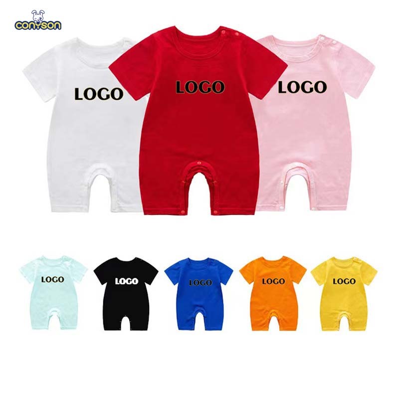 Macacão infantil Conyson para recém-nascido, com logo personalizado, manga curta, estilo boxer, cor sólida, pijama para bebês que engatinham.