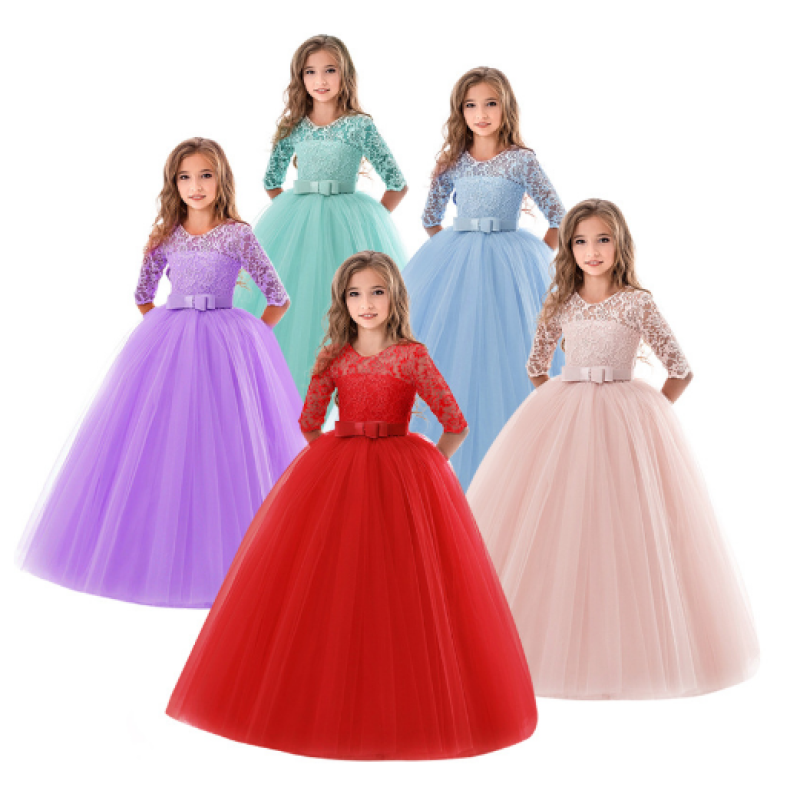 high quality popular hot sale 5 pure colors Girl Princess Dress Kids o-neck Lace Half Sleeve Flower Girls party Dresses