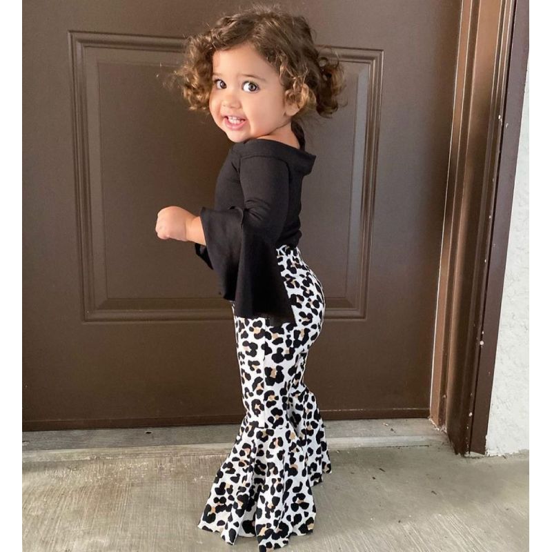 Conyson Baby Girl Clothes Set T-shirt Tops+ Leopard Print Bell-bottomed Pants Flared Pants Outfits Kids Clothes Girls Set