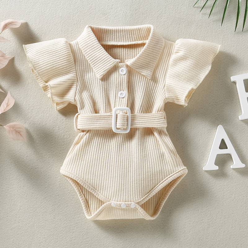 Conyson Hot sale summer cotton Unisex Collar fly sleeve kid children suits newborn button Waffle Romper baby one-piece clothing
