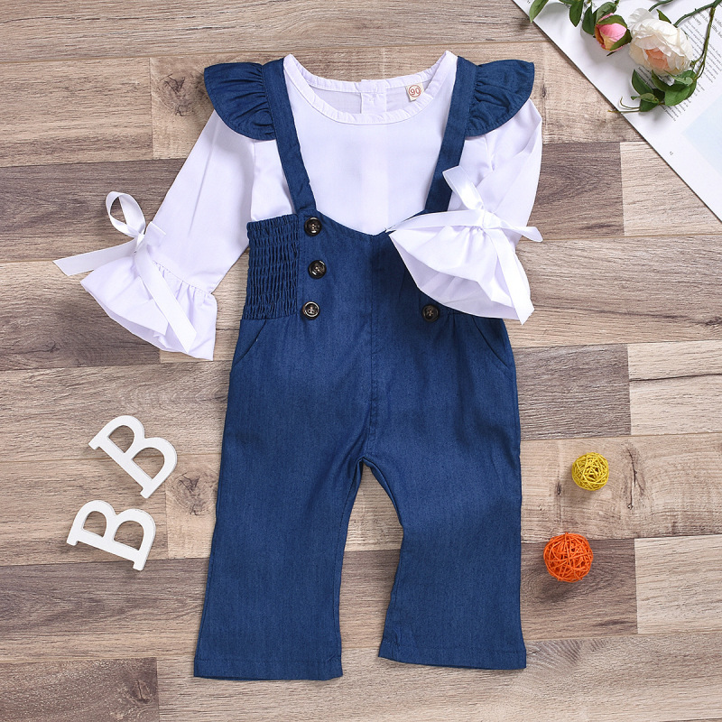 Conyson Hot New Children Clothing Sets Summer Girls Princess Causal Long Sleeve T-shirt+Strap Pants 2Pcs Kids Girls Clothes Sets