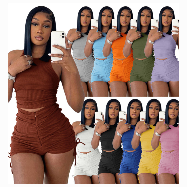 Bulk New Design Shirring 2 Piece Set Workout Summer 2023 Puff Short Cozy Women Jogger Matching Street Sets Women Sexy  Sets