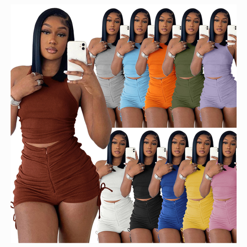 Bulk New Design Shirring 2 Piece Set Workout Summer 2023 Puff Short Cozy Women Jogger Matching Street Sets Women Sexy  Sets