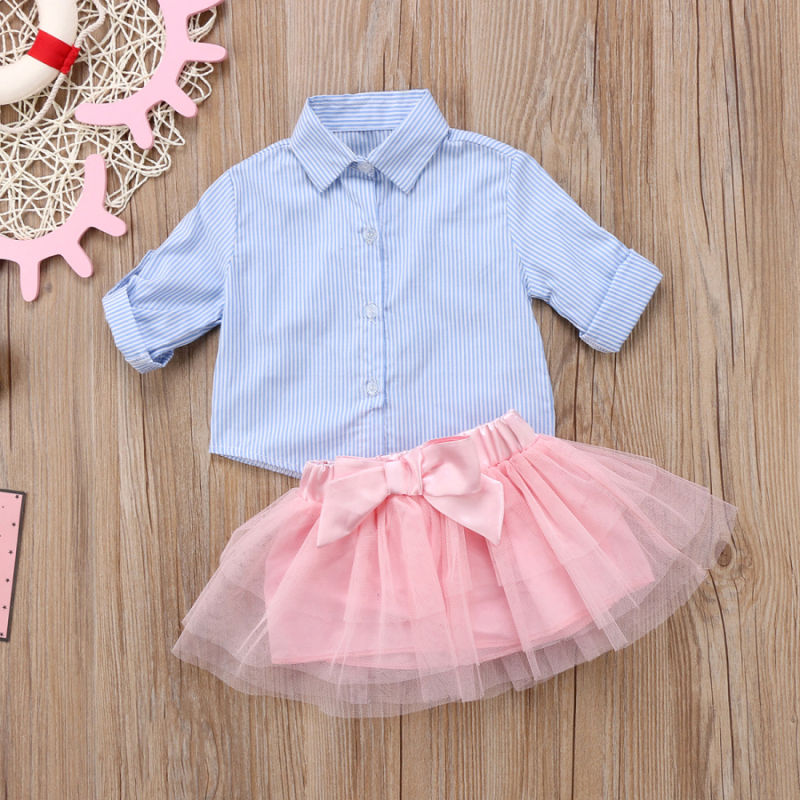 Conyson Stripe Blouse+Tutu Mesh Skirt Outfit Sets Turn-down Collar Long Sleeve Shirt Pink Tulle Dresses Baby Girls 2pcs Suit Set