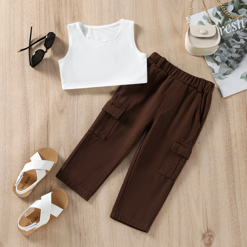 Conyson Summer Causal Kids Girls Clothes Sets Solid Sleeveless Vest Tops+High Waist Pocket Pants Casual Fancy Outfit Clothes Set