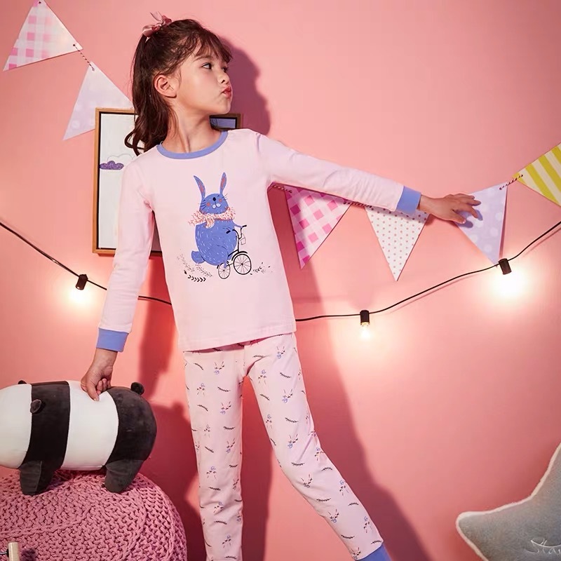 Wholesale Winter Pink Organic Cotton Ribbed Bamboo Cartoon Kids Pajama Girls' Sleepwear Kids Pyjamas Set