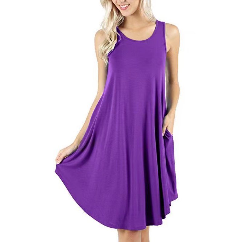 Conyson Factory Direct Price Sleeveless With Pockets 0-Neck Fashion Solid Splicing Casual Swing Plus Size Loose Woman Dress