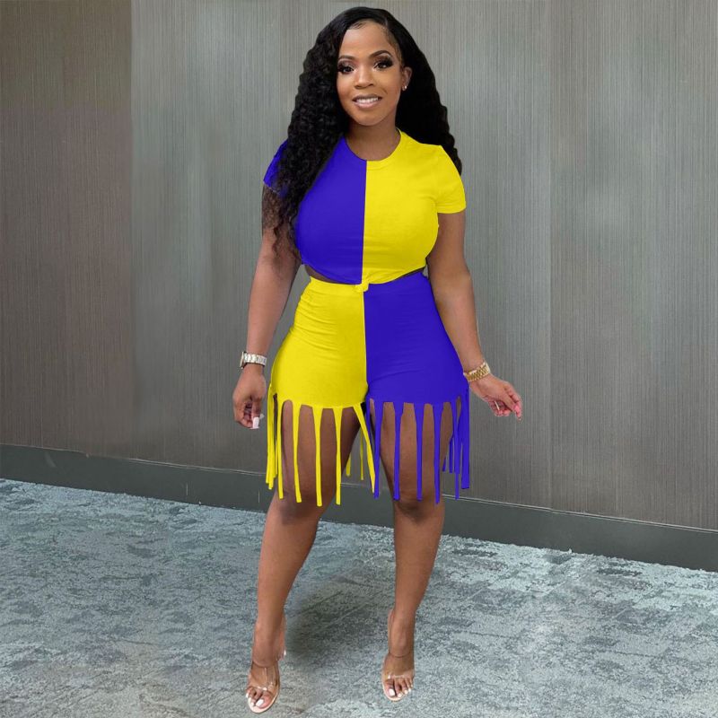 hot sale fashion summer logo made S-2XL women 2 pieces sport t-shirt tassels shorts patchwork clothing adult short clothes set