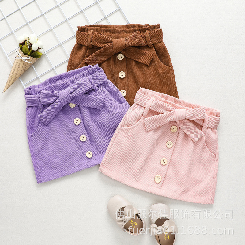 Conyson Wholesale Kids Clothes Spring Autumn Korean Velvet Button Belt bow Baby Girls Stripes Pocket Skirt Boutique Outfit Dress
