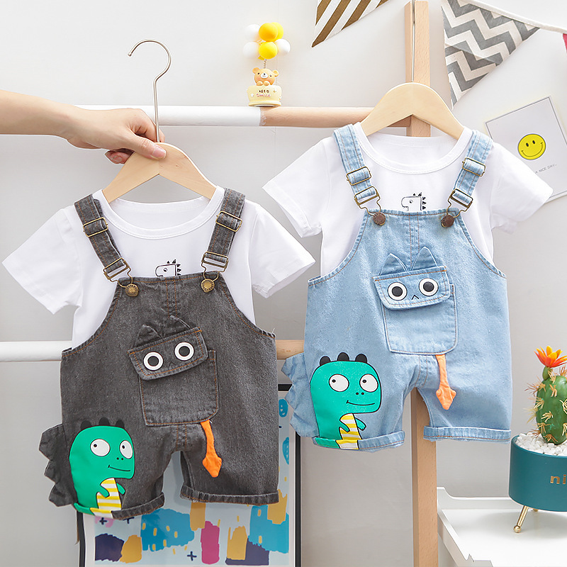 Boy Summer Clothes Customized 1-5 Years O-neck Cartoon Denim Overalls Clothes Boys Spring Clothing Jeans Sets