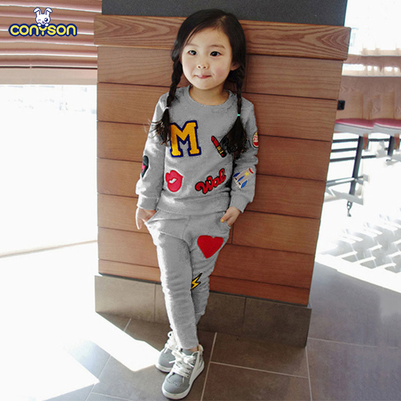 Conyson Wholesale Casual Children's Suit Round Collar Long Sleeve Hoodie 2Pcs Girl Clothing Set