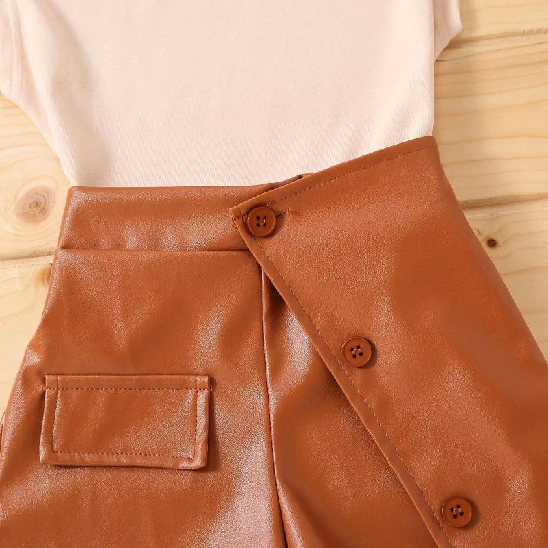 Conyson Summer Brown 1-6Y Littler Girls Clothes Set Cotton Sleeveless Vest Tops PU Leather Shorts Skirts Two Pieces Casual Suits