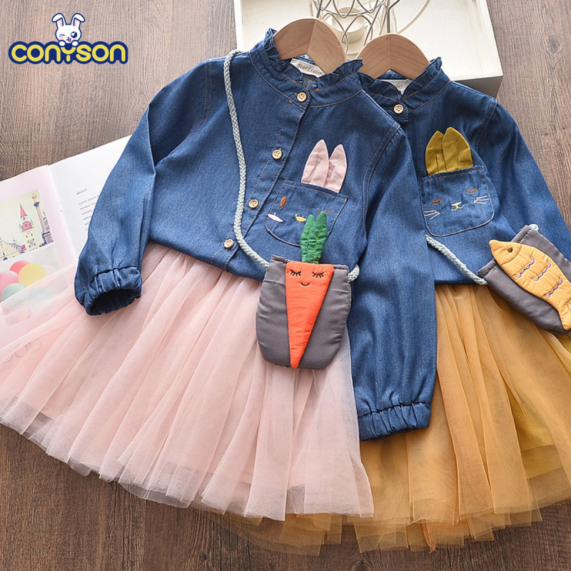 Conyson Long Sleeve Cartoon Embroidered Denim Shirt Suit Skirt + bag 3Pcs Girls Dress kids clothing Sets