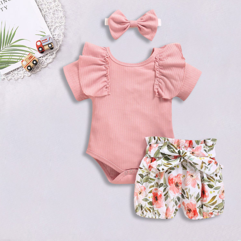 Conyson Wholesale 2021 Summer Rompers Outfits Girls Sets Summer Boutique Knitted Floral Patterns Baby Girl Clothes Set
