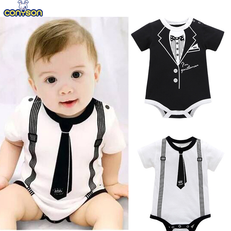 Conyson Infant Climbing Clothes Gentleman Style Printed Cotton Short Sleeve Summer Toddler Boy Jumpsuit Triangle Baby Rompers