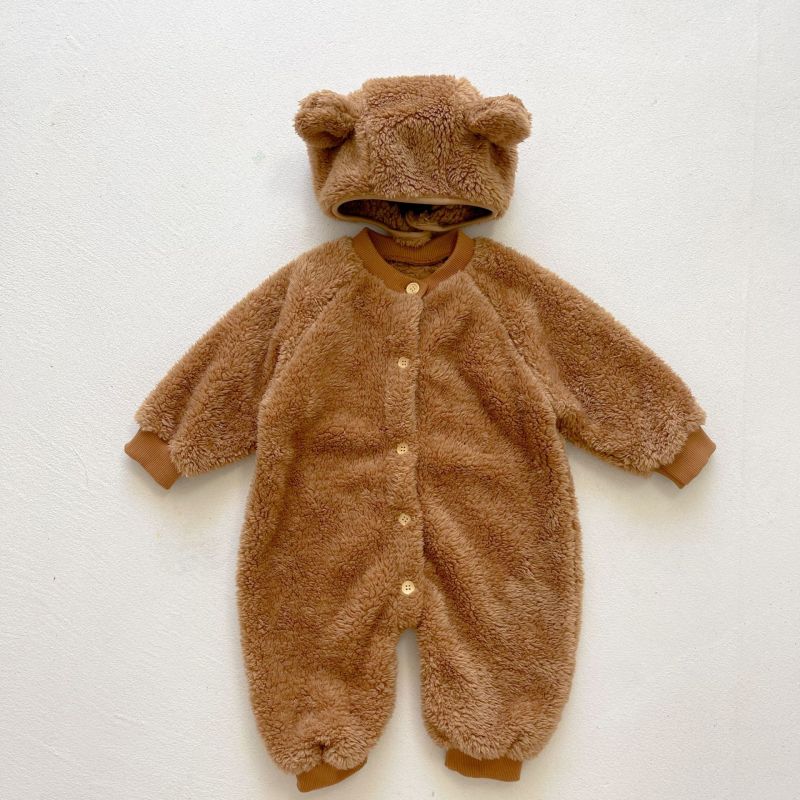 Infant Korean Soft conyson Sleepwear Baby Rompers Knitted Boys Girls bear Jumpsuits 2 Piece Toddler Kids warm hat Sleepwear