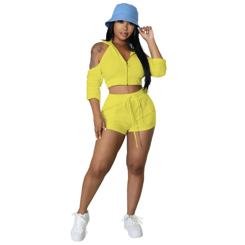 2023 Plus Size Wholesale Summer Sexy Cozy Jogger Outfit Women Zipper 2 Pieces Jacket Suit Women's Solid Color Zipper Fold  Set