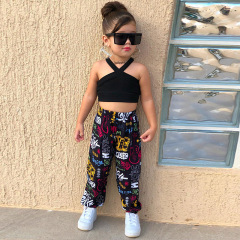 Conyson Newest 2023 Black Sleeveless Slip Short Top+Long Scrawl Pants Colorful Summer Baby Girl 2 Pieces Kids Clothing Girl Sets
