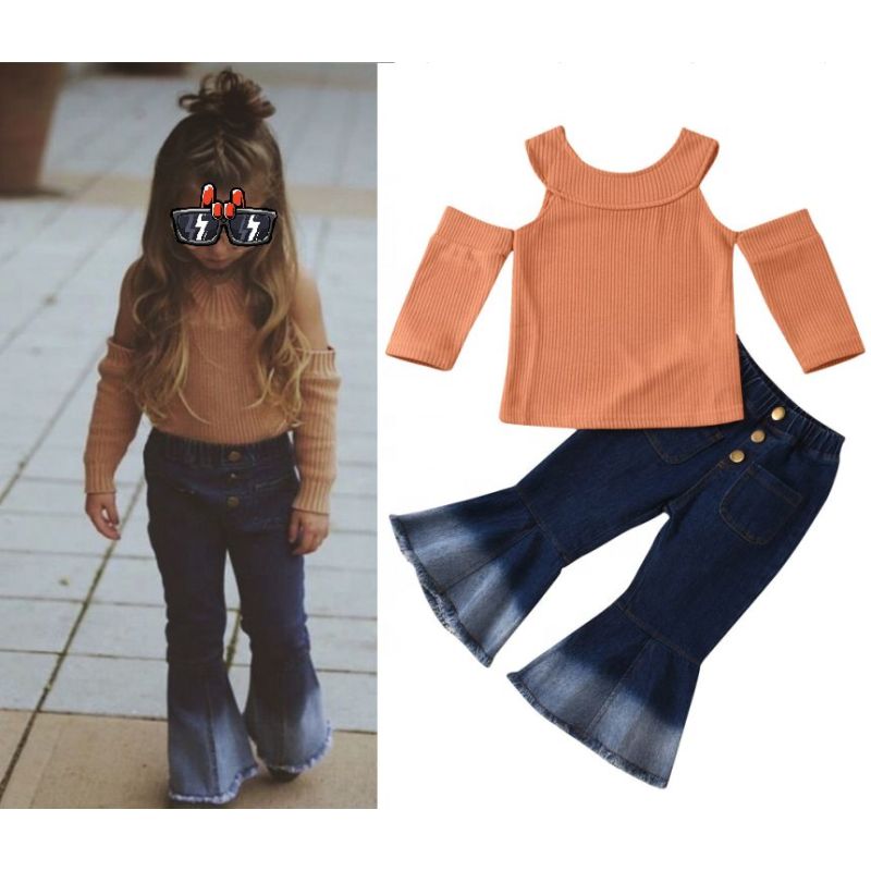 Hot Selling Knitted Children's Wear Suit Girls' Autumn Clothing Set Solid Color Round Neck Strapless Top Denim Set