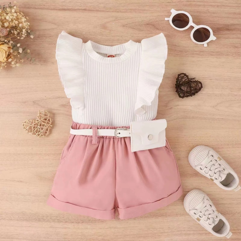Conyson New Design Custom Ruffle Pit Strip Cotton Fabric Flying Sleeve With Bag Baby Girl Two Piece Spring Summer Short Set
