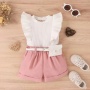 Conyson New Design Custom Ruffle Pit Strip Cotton Fabric Flying Sleeve With Bag Baby Girl Two Piece Spring Summer Short Set